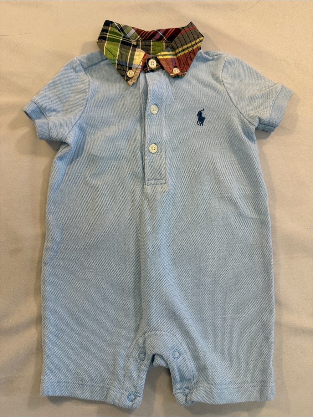 Ralph Lauren Light Blue Polo Romper with Plaid Collar Detail